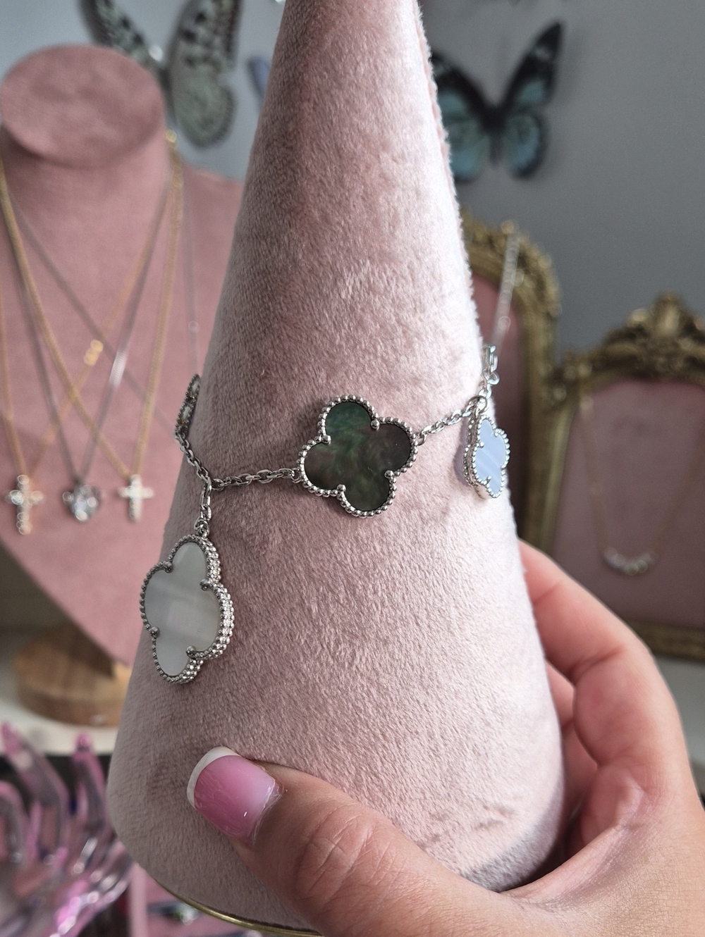 Mother of Pearl/Smoky Gray/Purple Charm Bracelet Stainless Steel